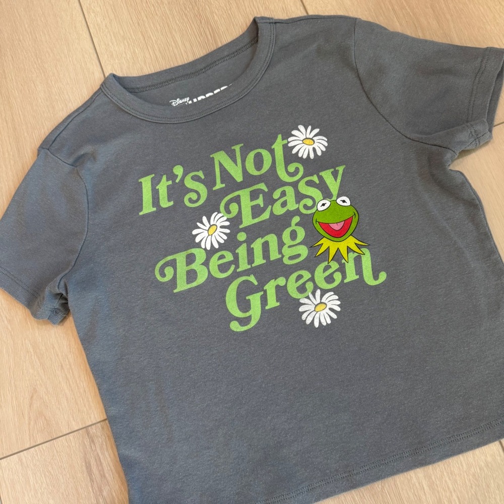 Disney Muppets Kermit It's Not Easy Being‎ Green Women's Crop Tee Grey Small